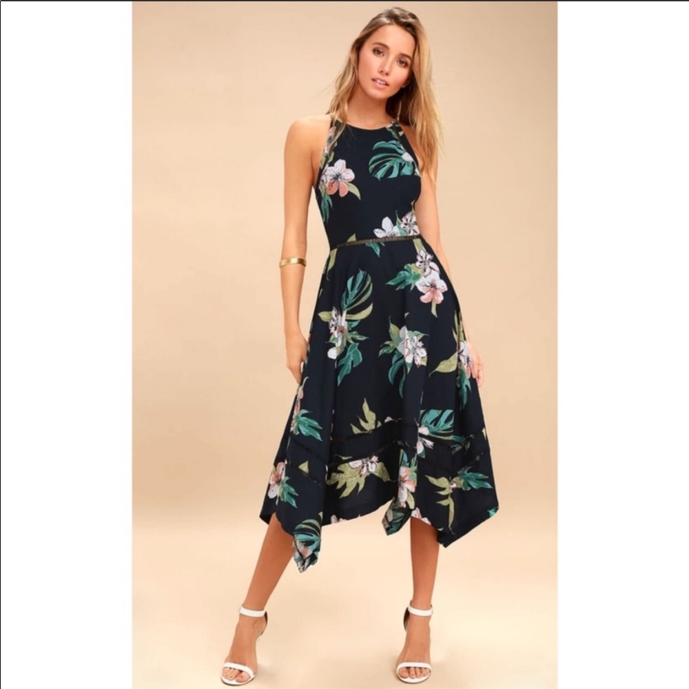 Lulus you and lani navy tropical midi dress